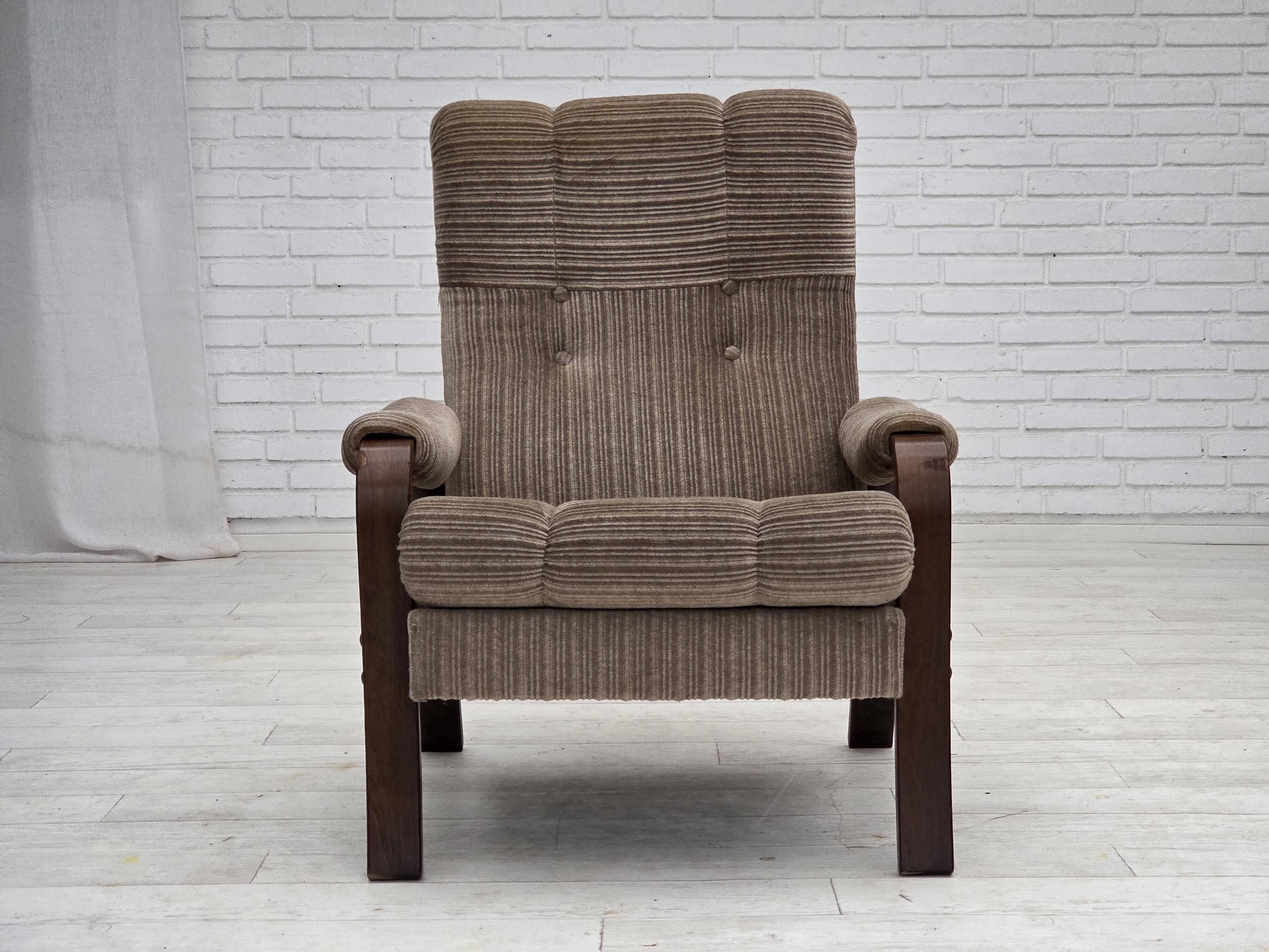 1970s, pair of Danish armchairs, brown furniture corduroy, beech wood.