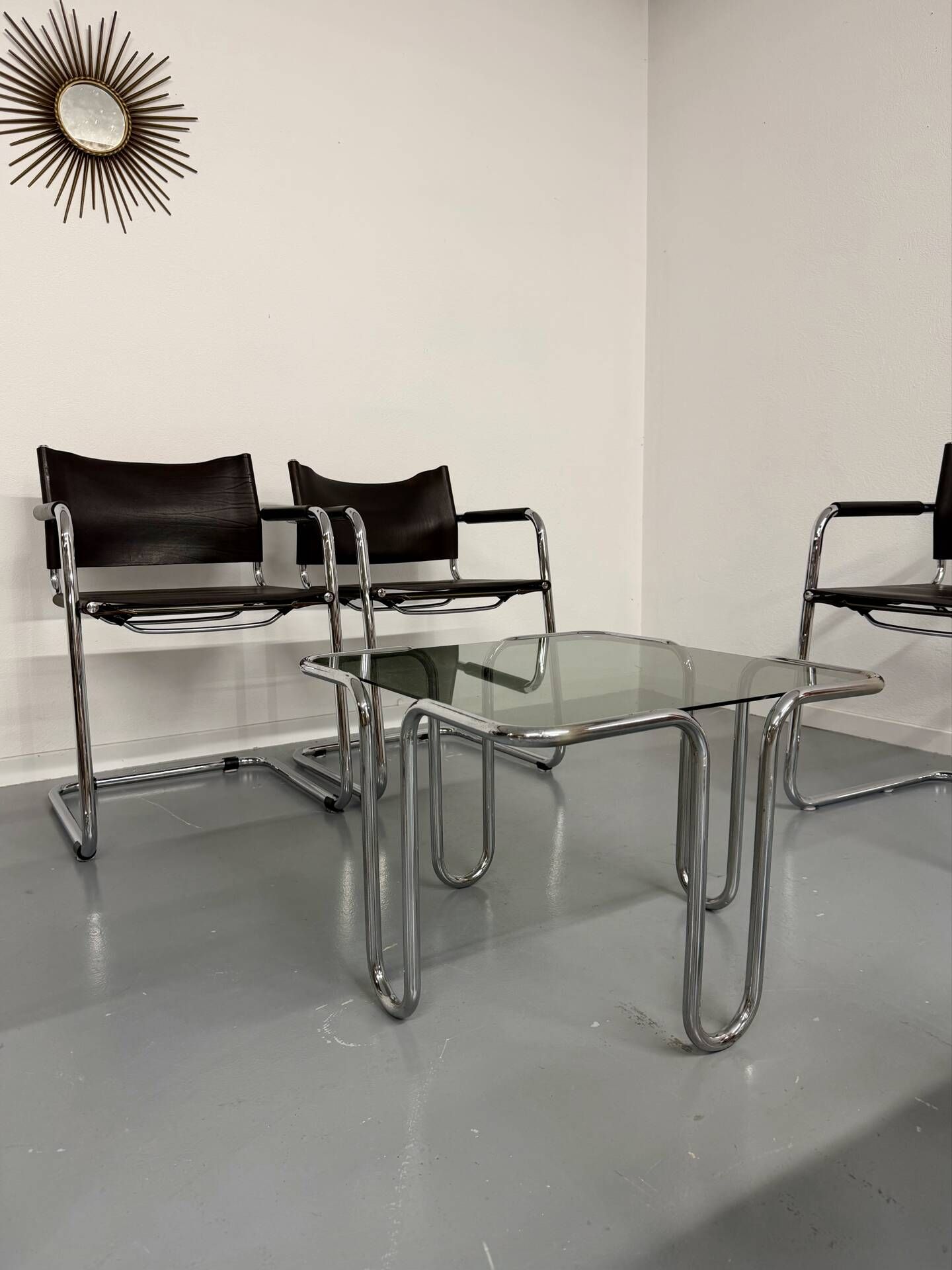 Lot of 5 tubular metal leather chairs designed by Mart Stam, Bauhaus, 1970s.