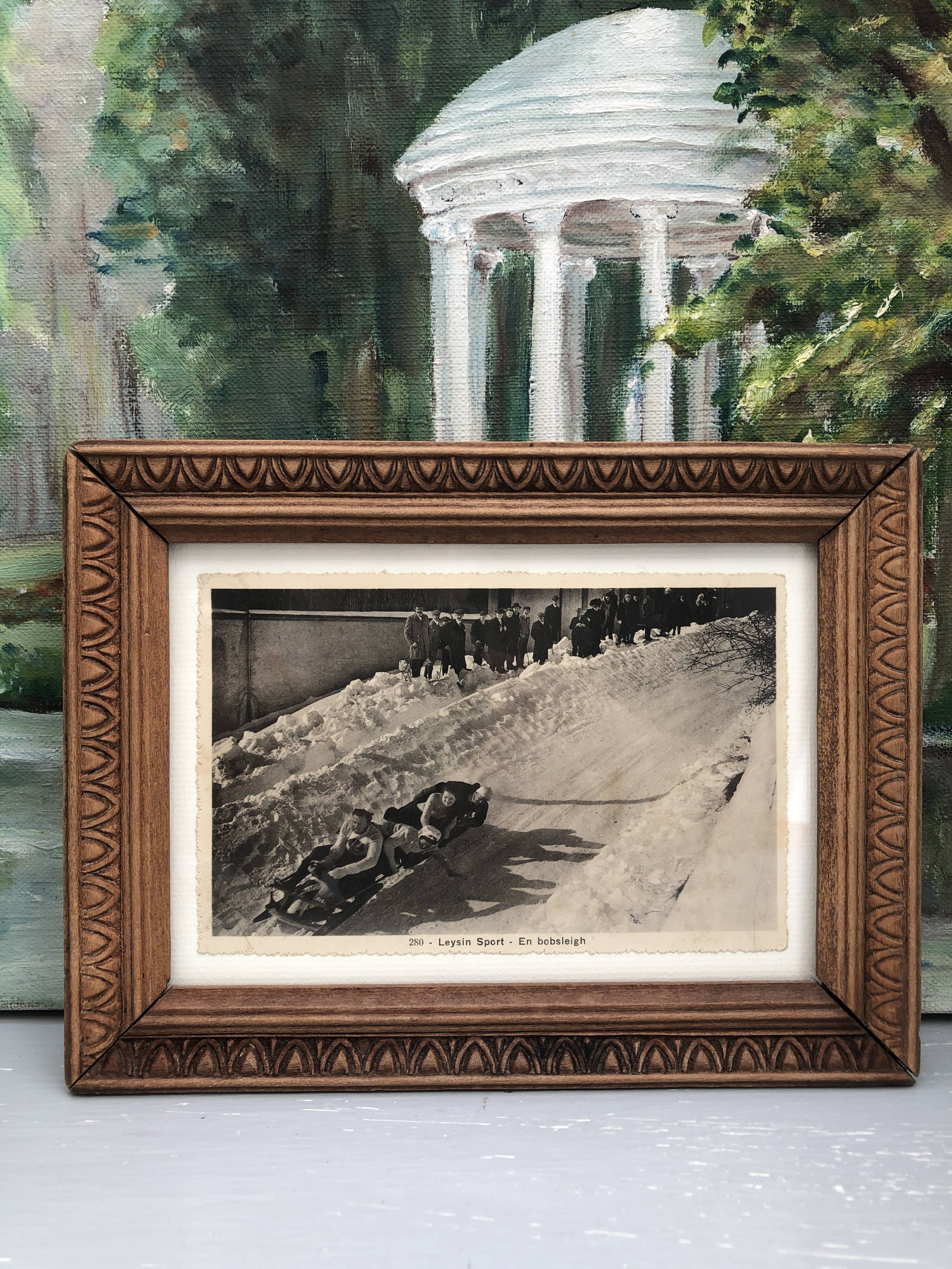 Carved wooden frame and old image "Bobsleigh in Leysin"