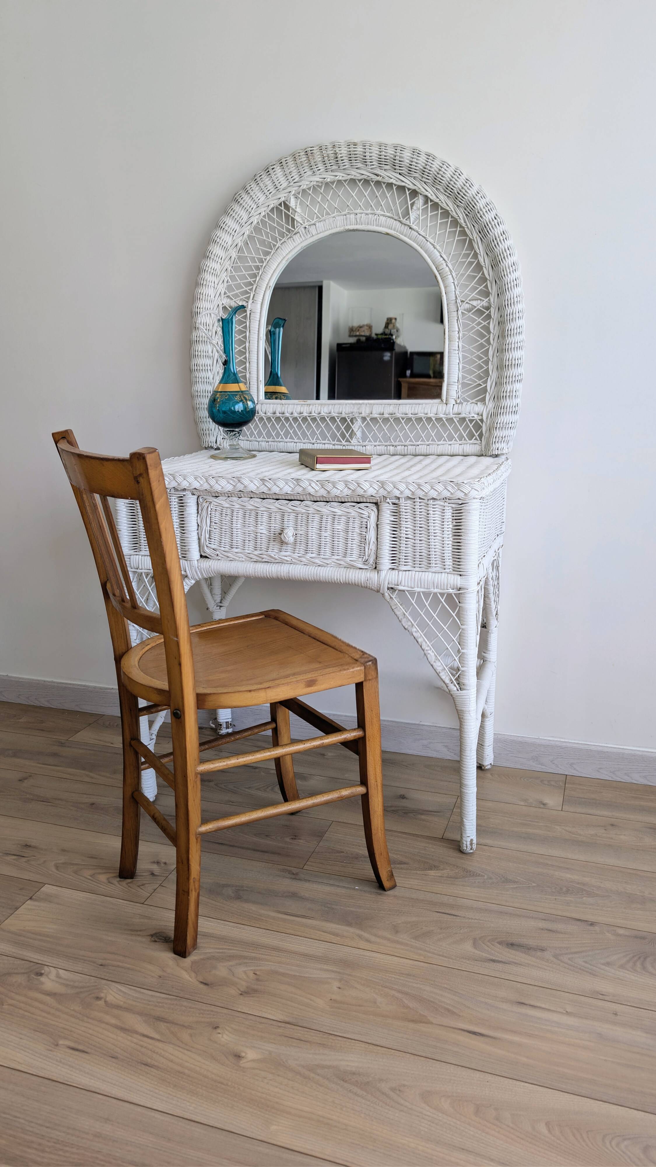 White rattan dressing table, shabby chic style, 1970s.