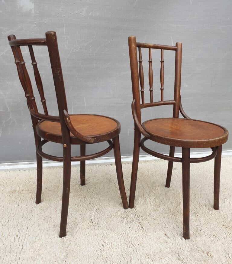 Pair chairs bistrot Thonet pyrograved design 1900 Art Nouveau