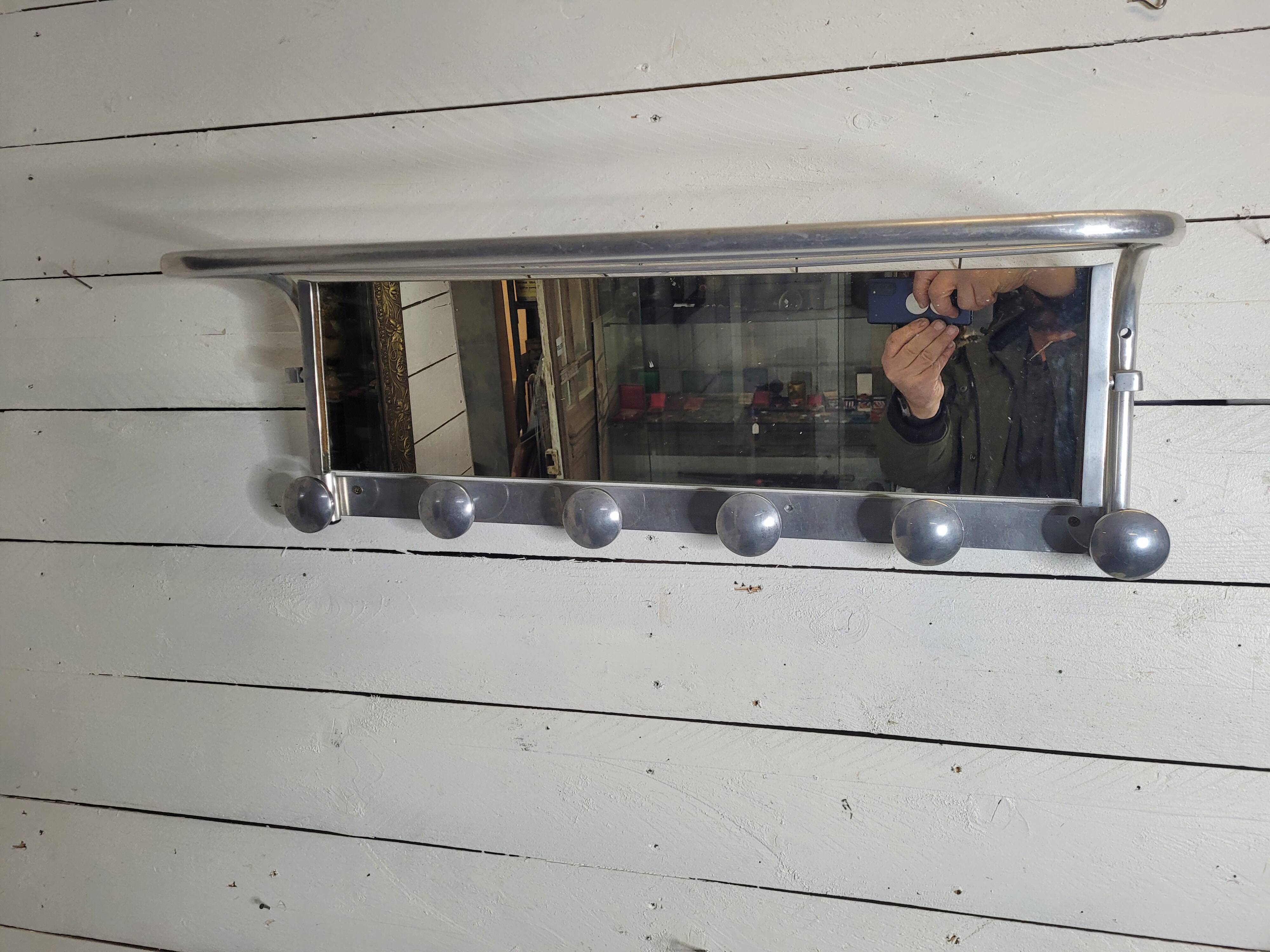 Aluminum wall coat rack with pivoting mirror from the 60s