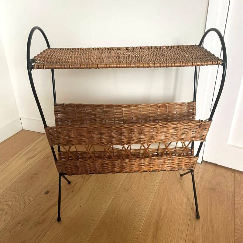 Vintage rattan and black metal magazine rack – Nightstand
