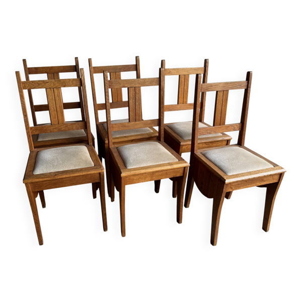 Ensemble de 6 chaises de salle à manger Art déco de l'école d'Amsterdam, en chêne chaleureux avec revêtement beige.