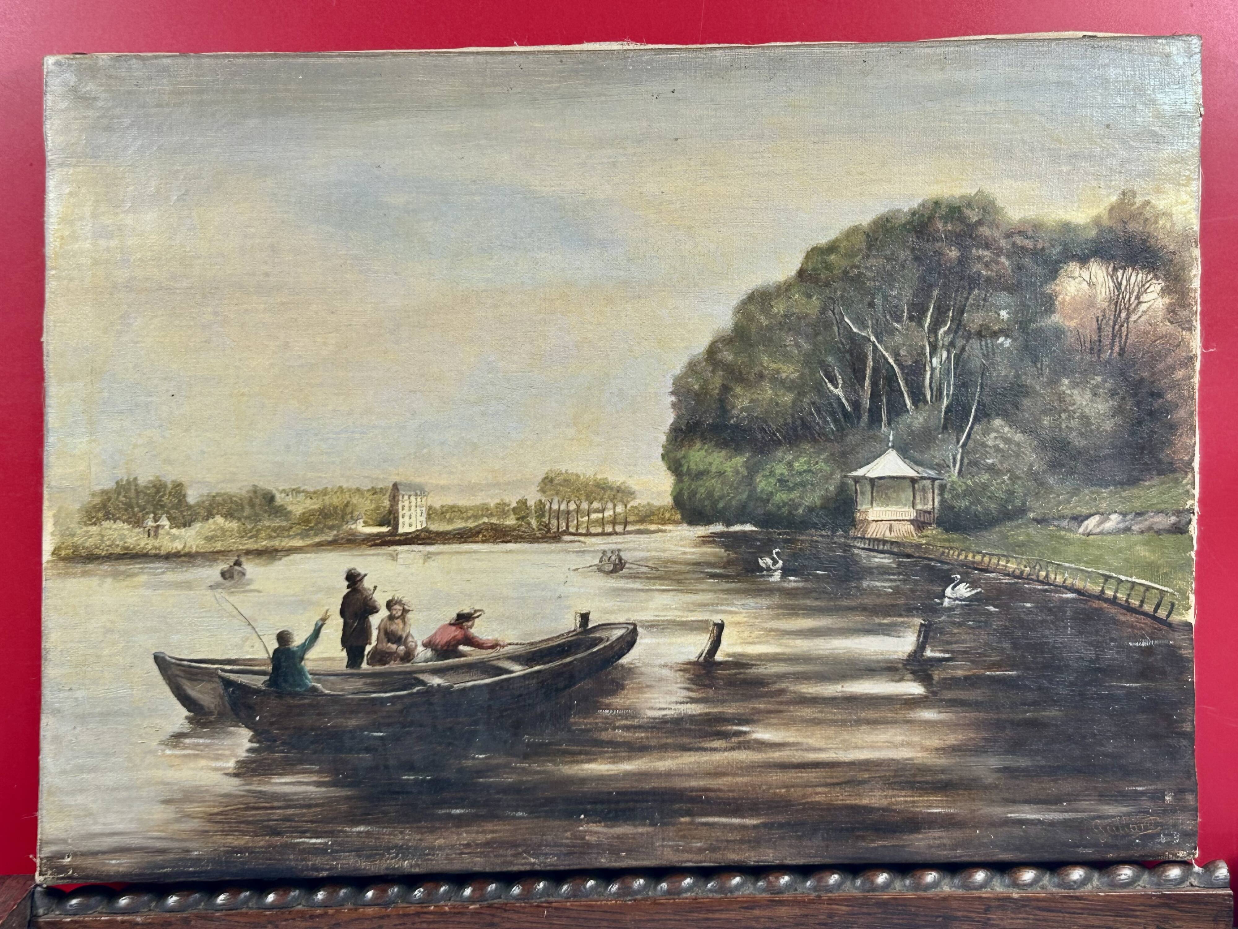 Oil on canvas "Animated lake landscape" work signed Gallard circa 1893