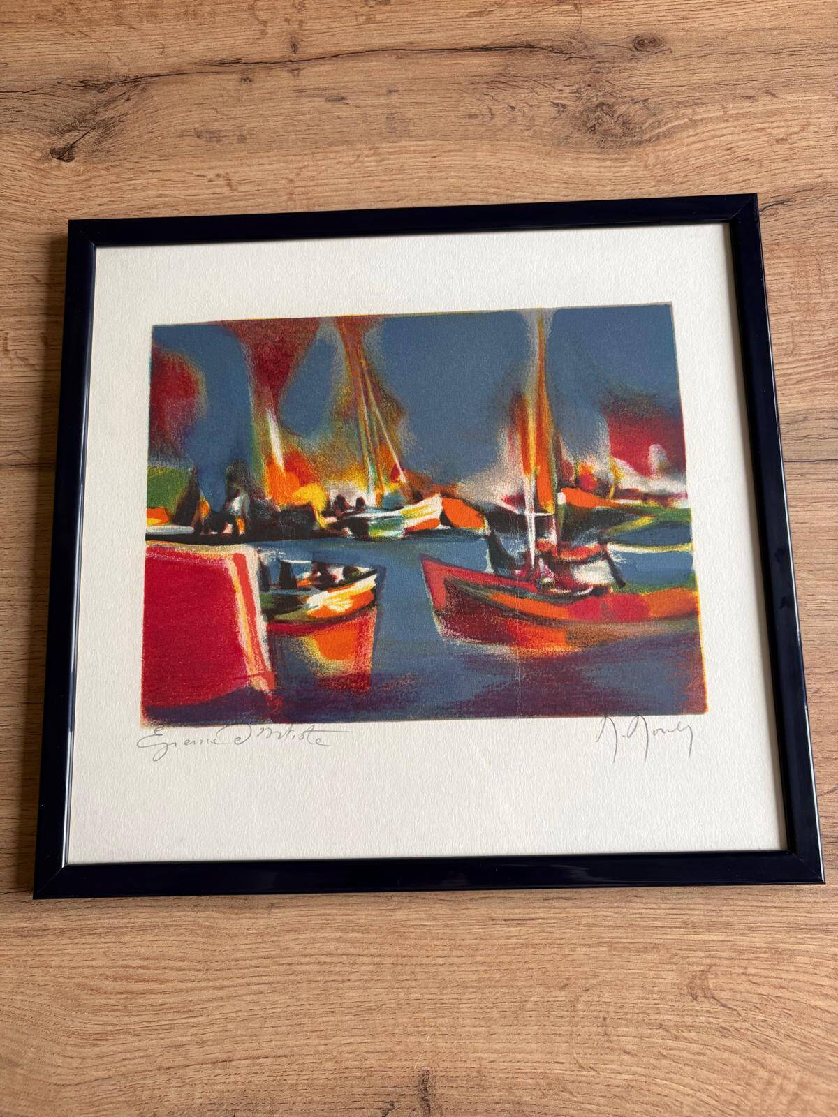 Signed lithograph by Marcel Mouly – Post-Cubist port scene