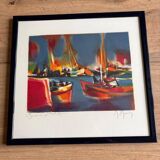 Signed lithograph by Marcel Mouly – Post-Cubist port scene
