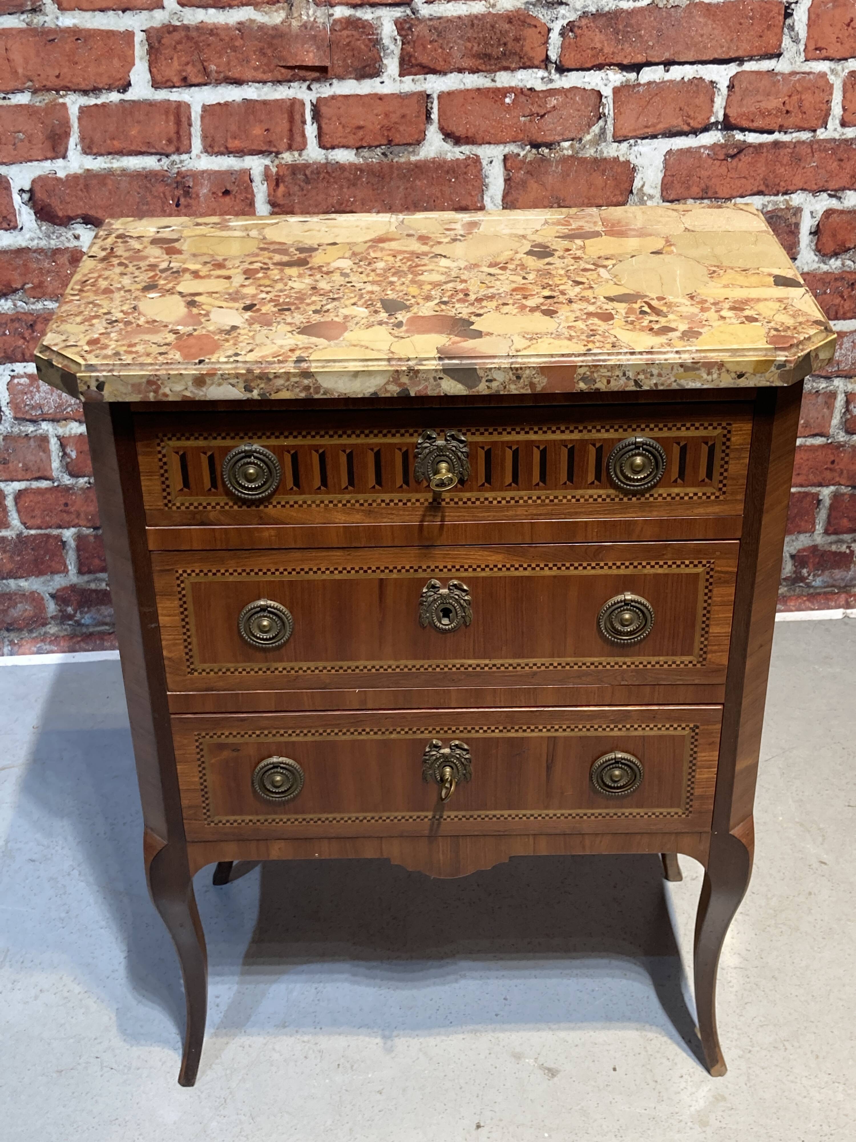 Louis XVI style chest of drawers with pink marble top