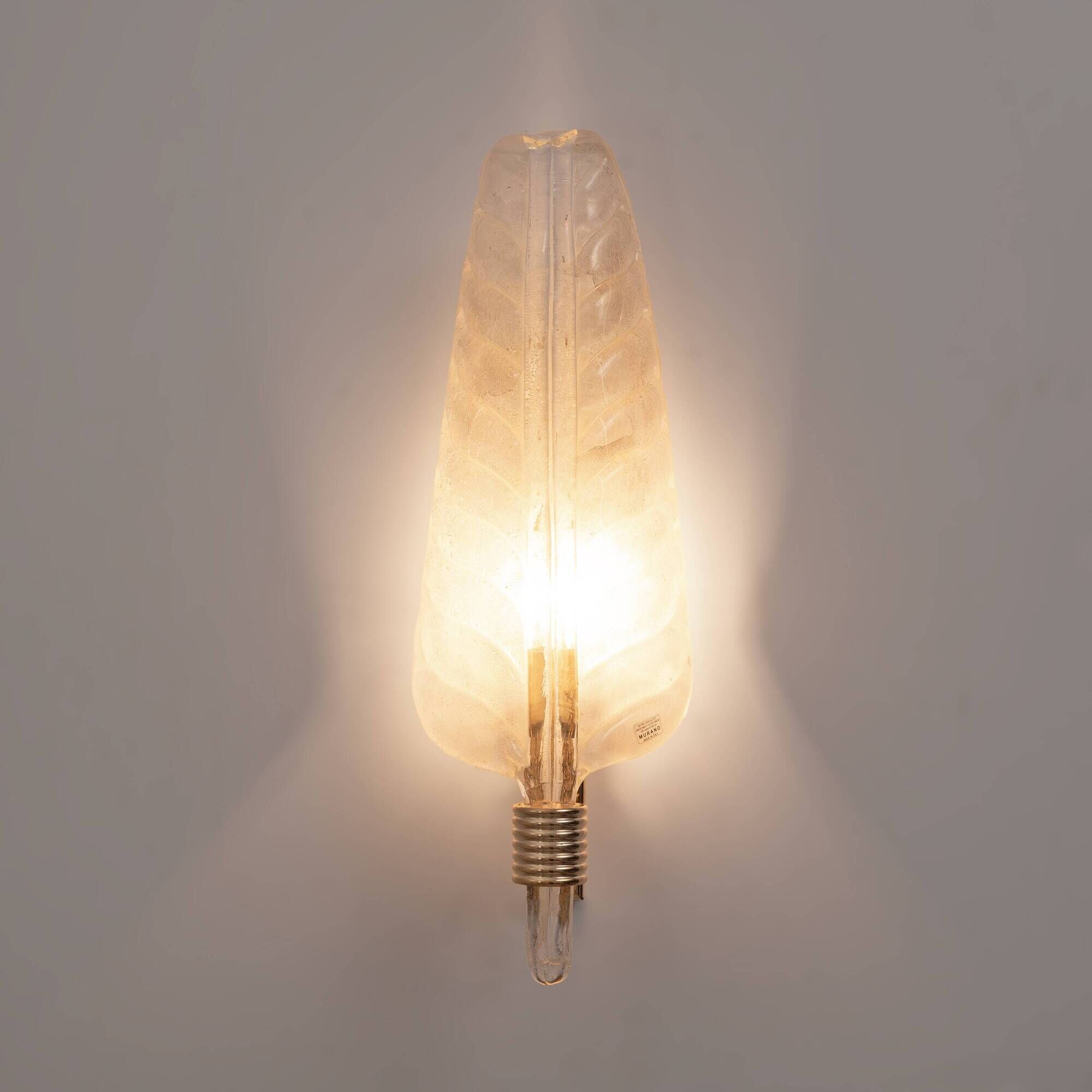 Pair of Murano Glass Leaf Wall Sconces with Gold Powder and Brass, Italy