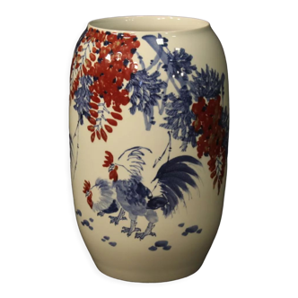 Vase en céramique peinte chinoise avec coqs et décorations florales