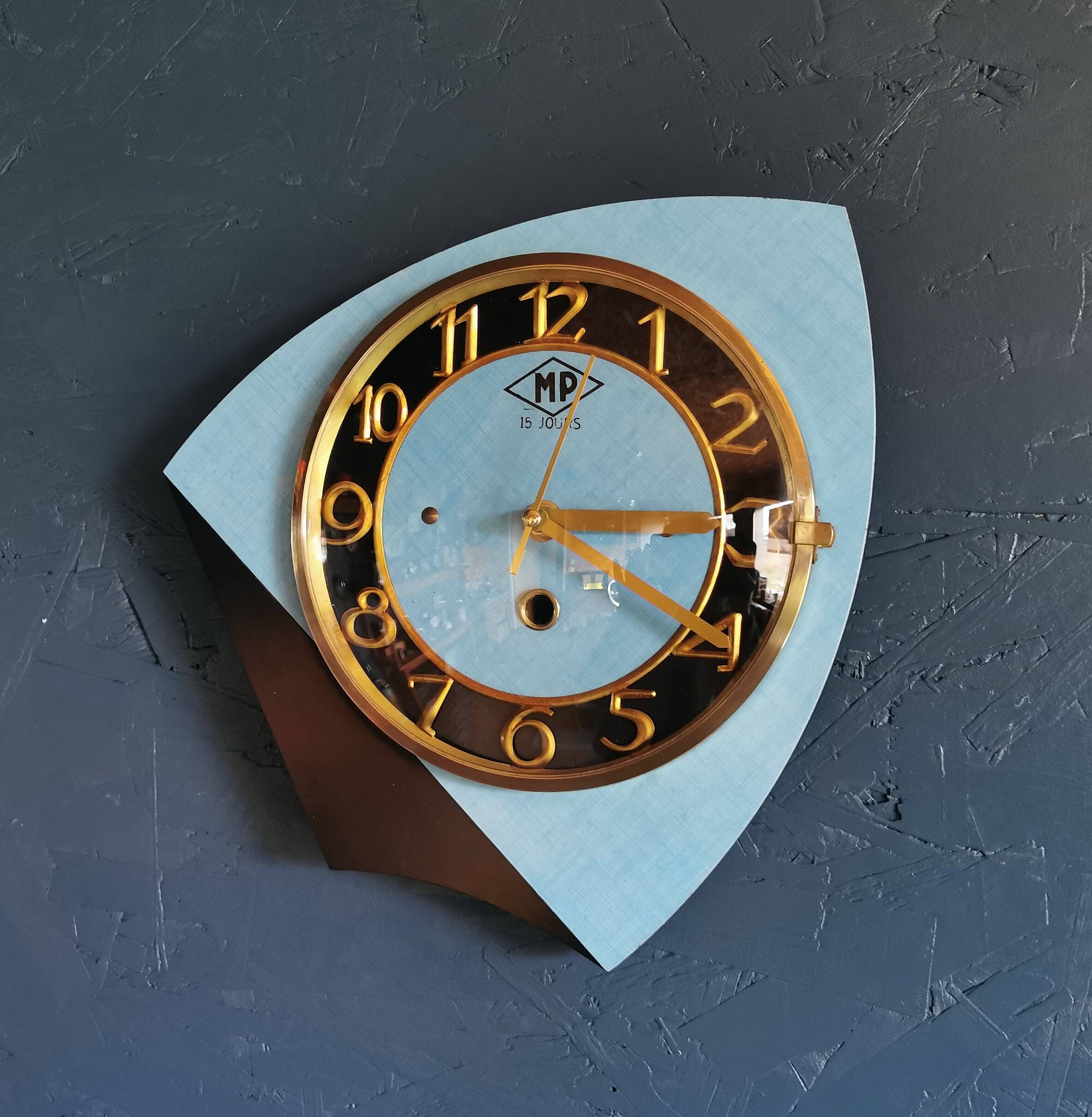 Vintage formica clock silent asymmetrical wall pendulum "MP blue black"