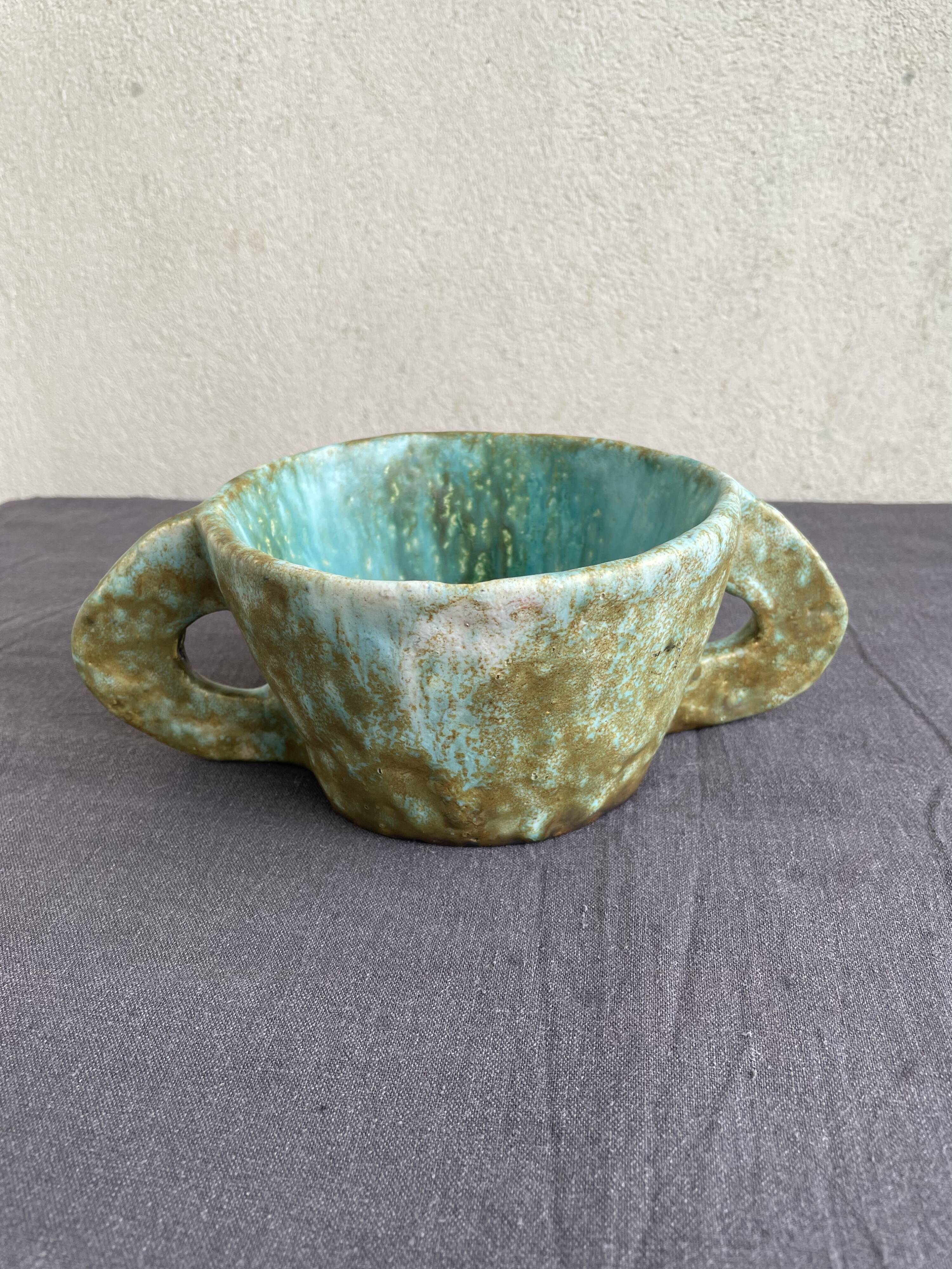 Stoneware bowl with handles, signed handmade ceramic.