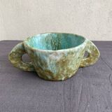 Stoneware bowl with handles, signed handmade ceramic.