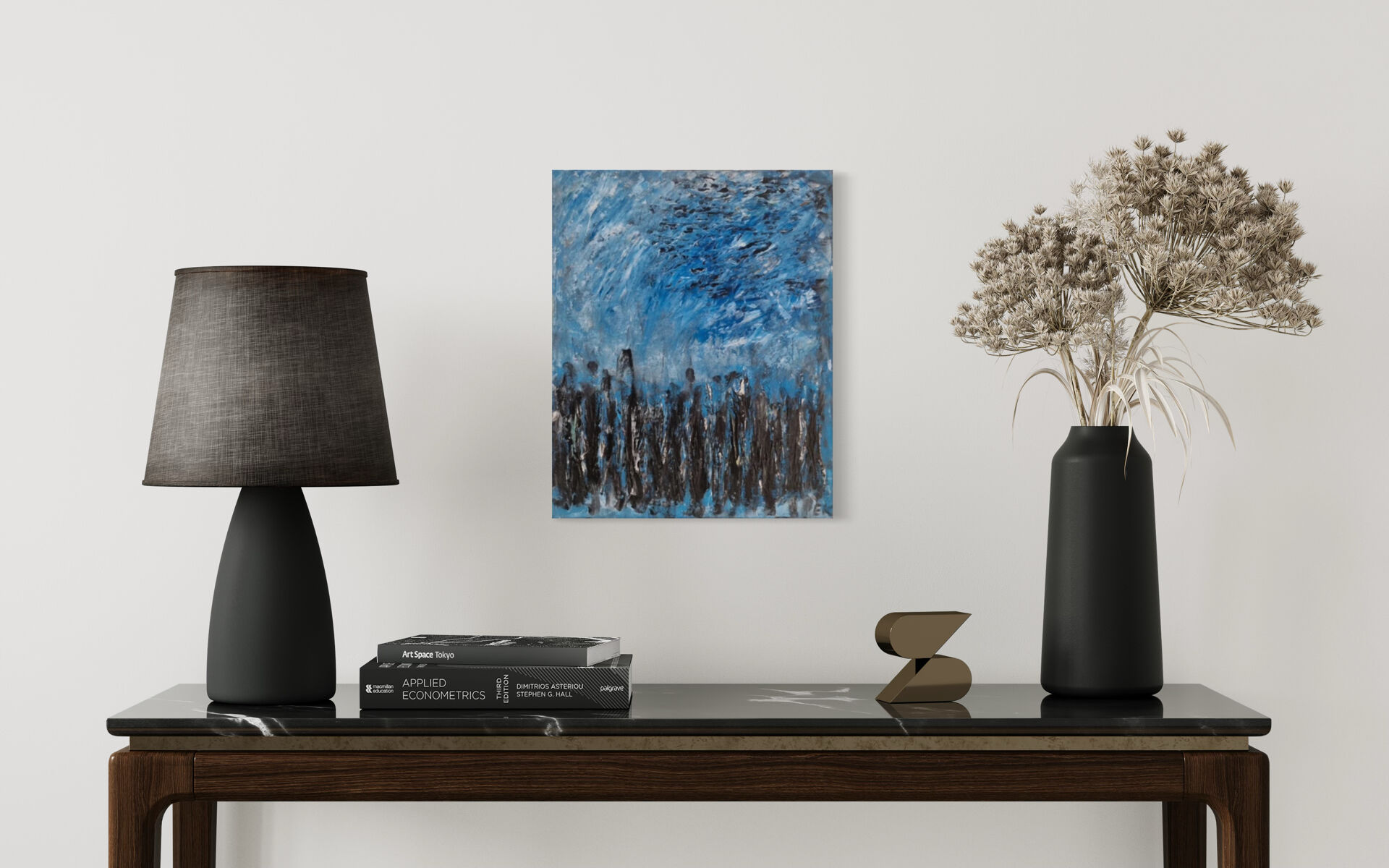 Abstract table in blue, black, and white, 41x33 cm, signed painting.