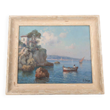 Oil on canvas coastal landscape with boat