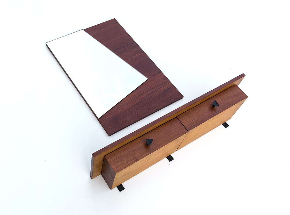 Teak mirror and shelf with drawers, 1950s