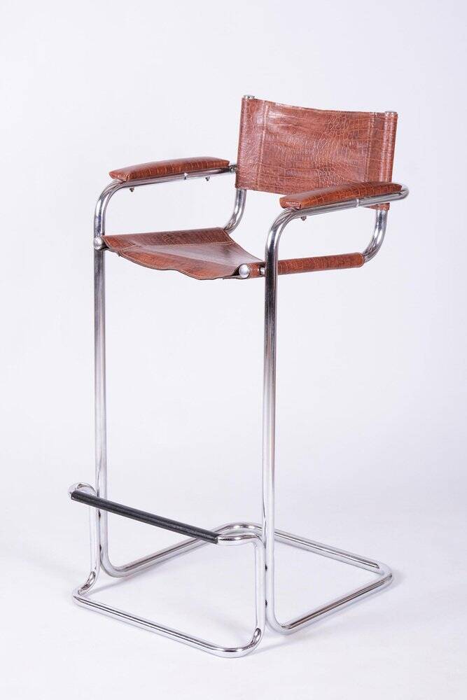 Bauhaus Bar Chair in Chromed Steel and Faux Leather, Germany, 1970s