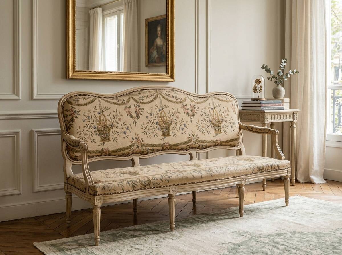 Louis XV style canapé in carved natural wood and floral upholstery.