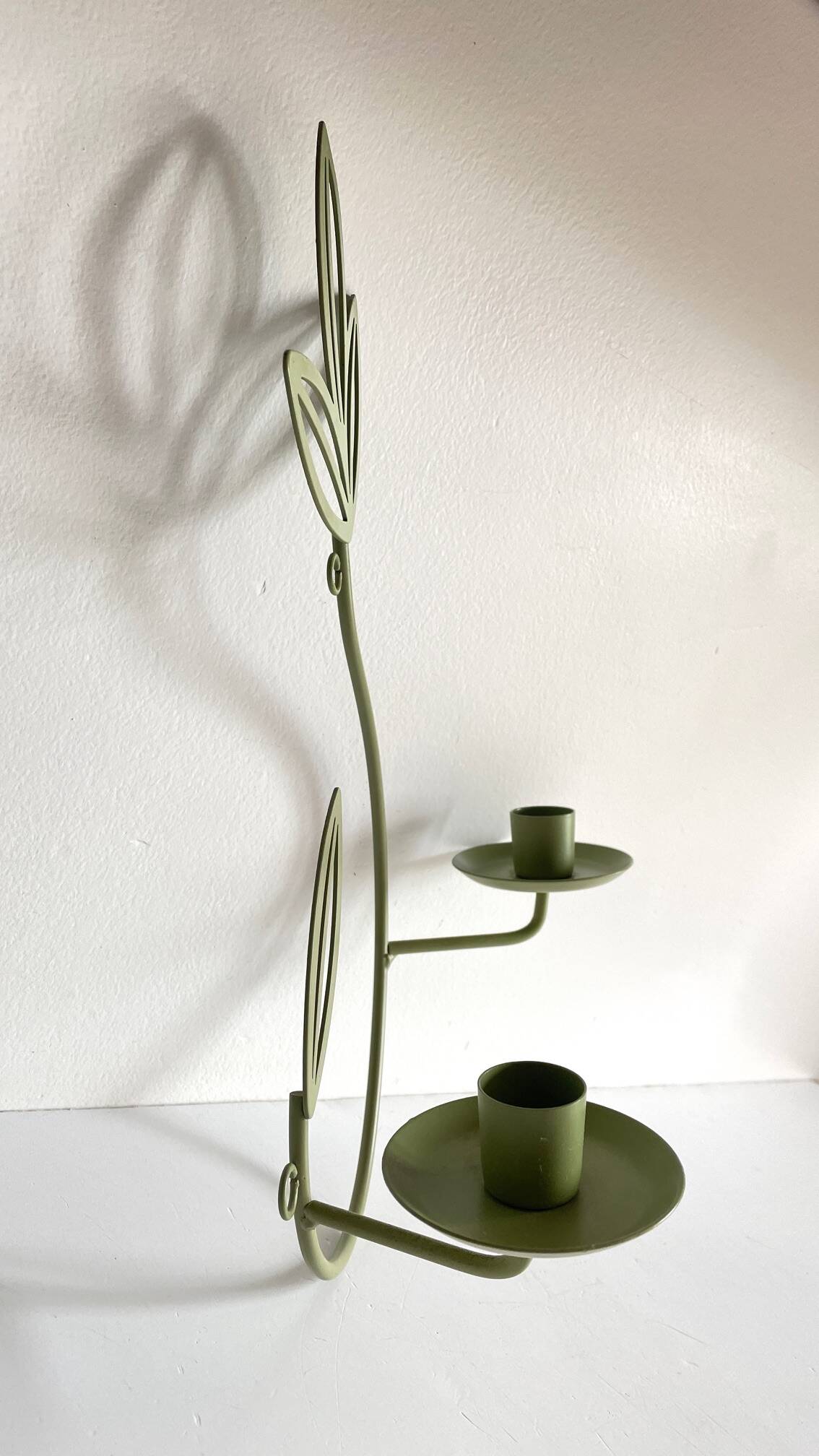 Wall Candle Holder, Green Metal Leaves