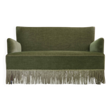 Canapé danois 2 places des années 1970, velours d'ameublement vert, pieds en bois de hêtre.