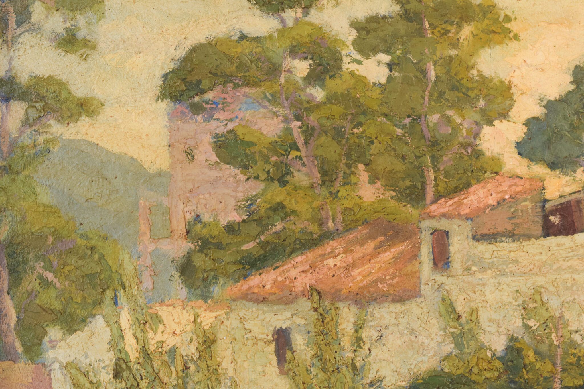 Impressionist painting of villas and garden