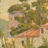 Impressionist painting of villas and garden