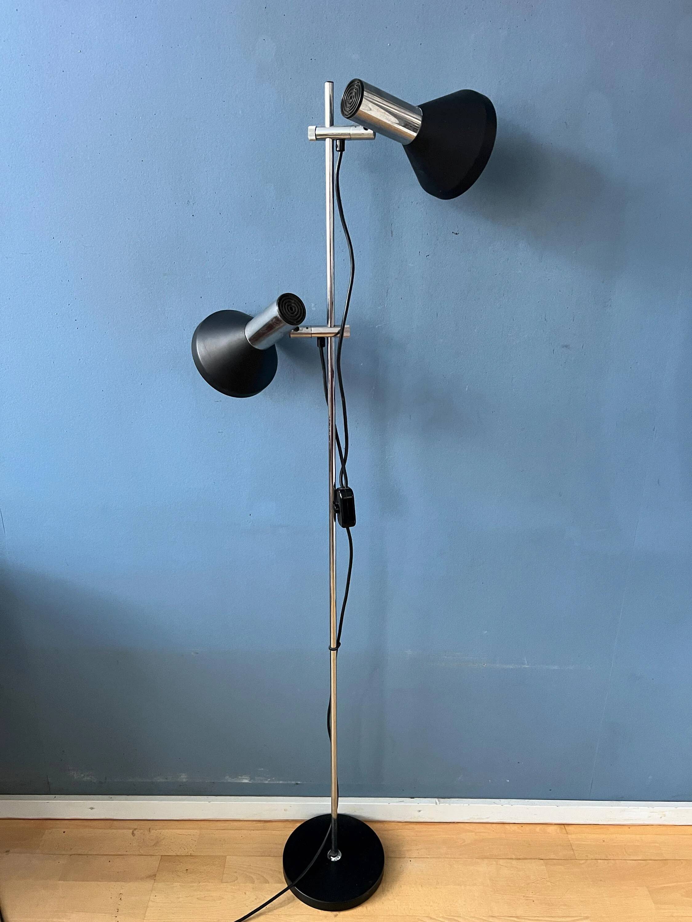 Mid-century black vintage floor lamp with two aluminium spots.