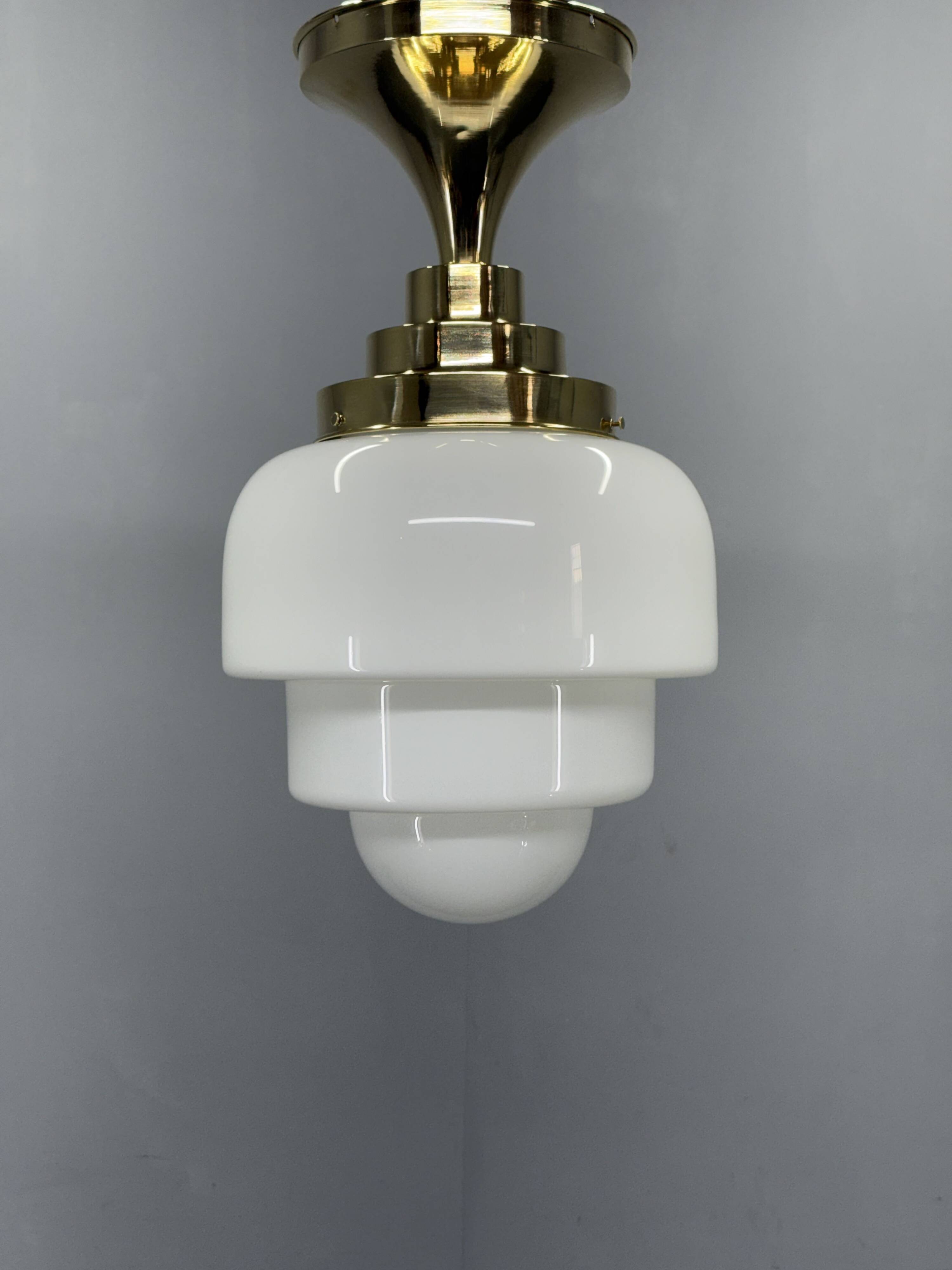 1930s Art Deco Brass and Opaline Glass Flush Mount, Czech