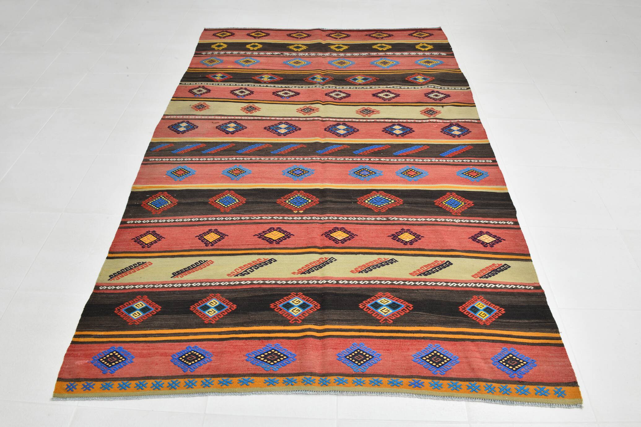 6x9 Blue & Red Details Kilim Rug,Modern Mid Century,Wool Area Rug,175x261Cm