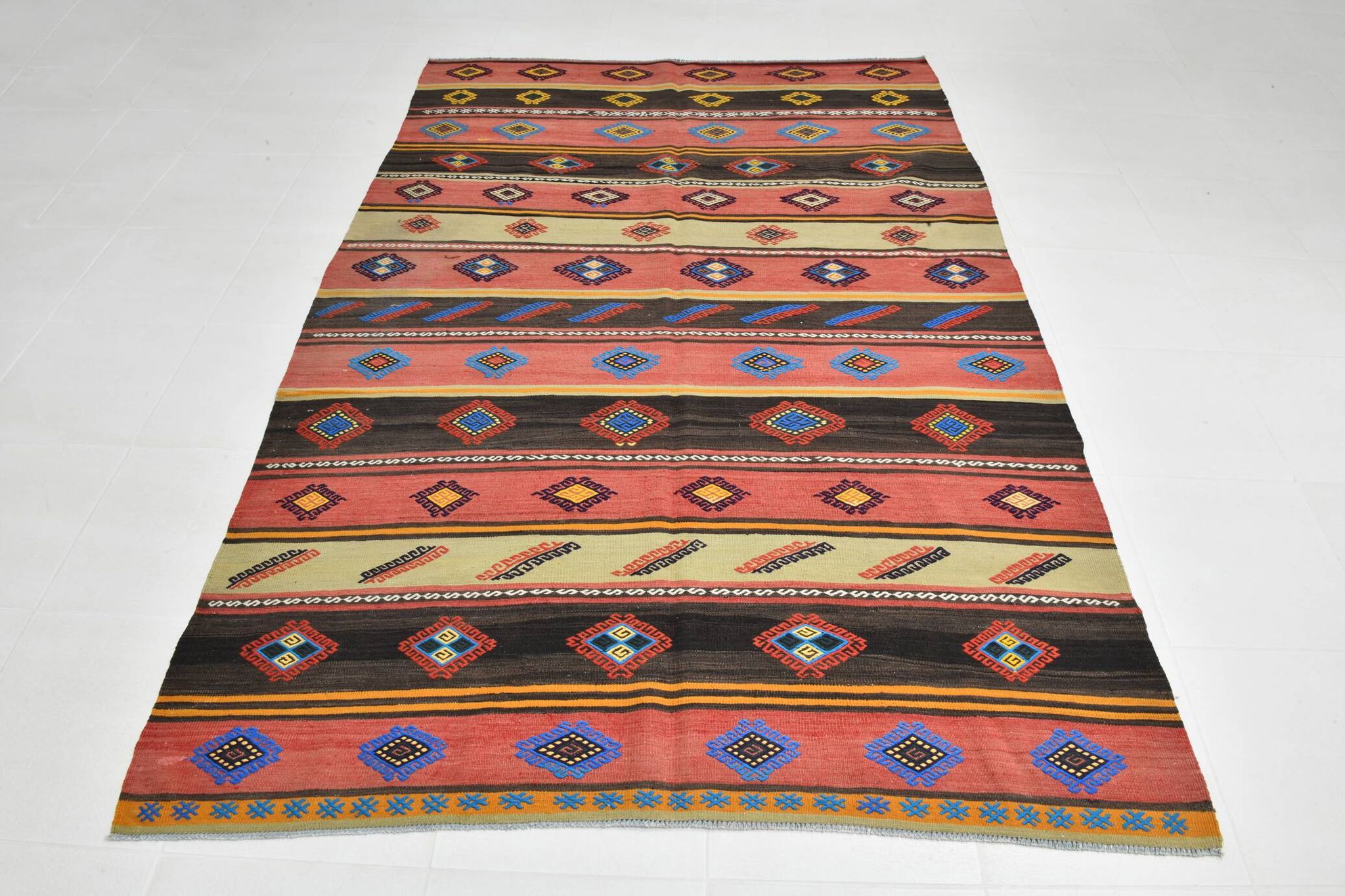6x9 Blue & Red Details Kilim Rug,Modern Mid Century,Wool Area Rug,175x261Cm