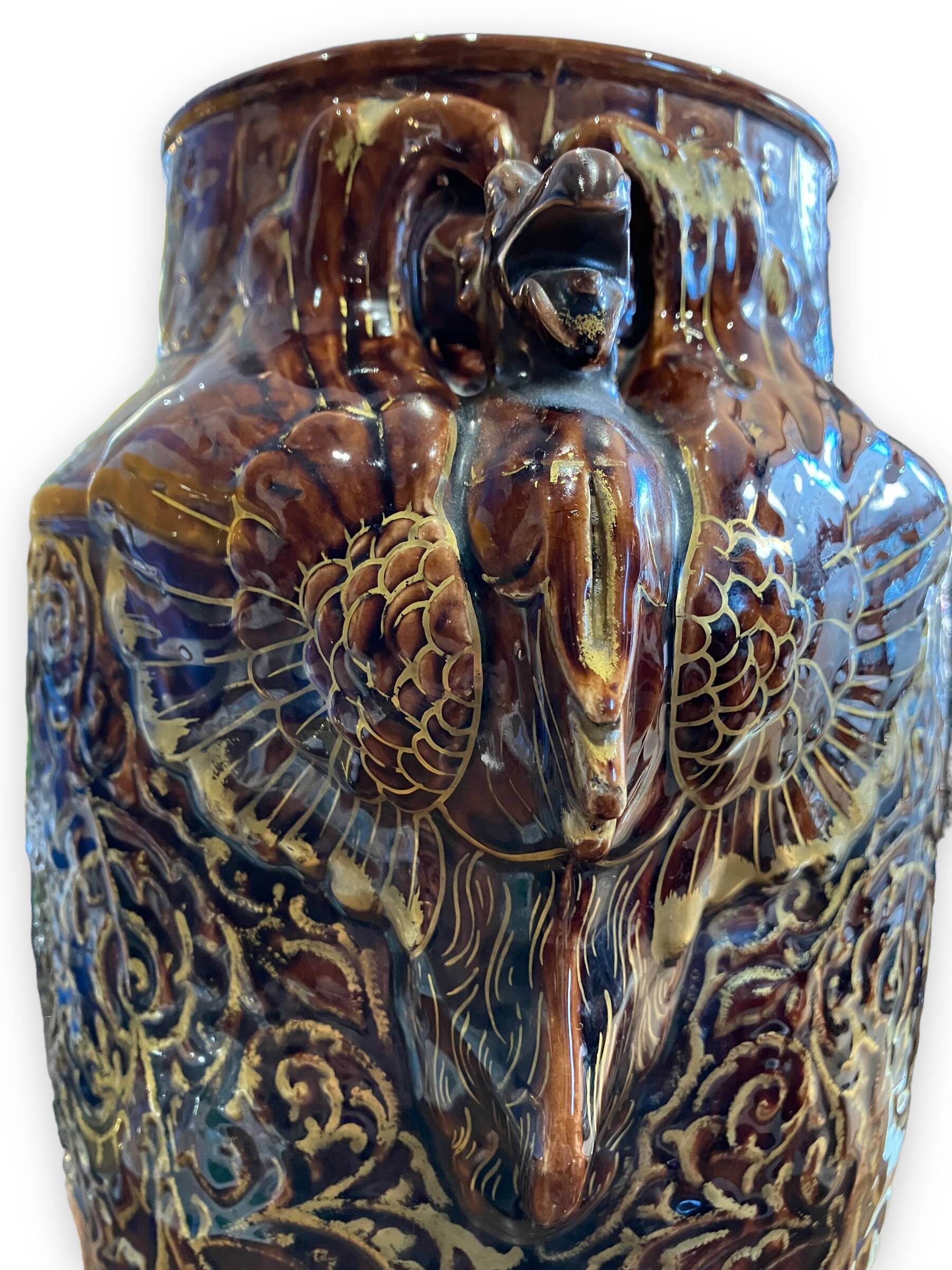 Important Longchamp Griffon vase in golden ceramic