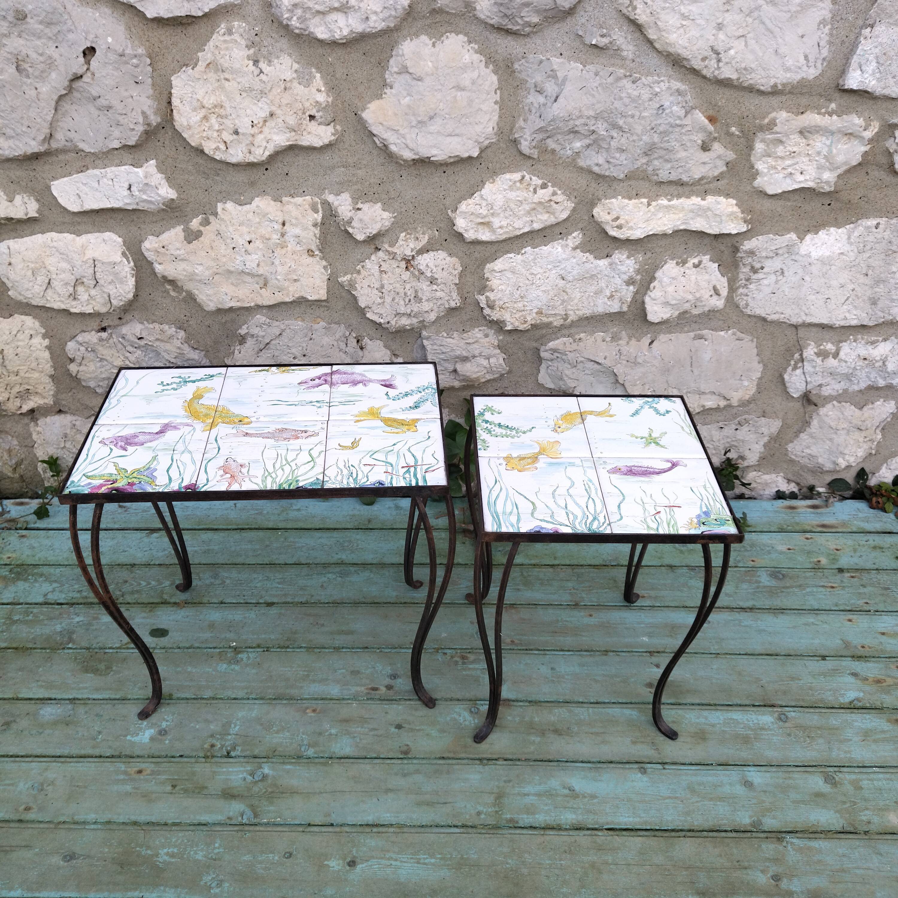 2 coffee tables wrought iron and lake tiles signed