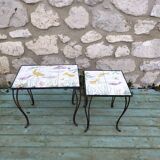 2 coffee tables wrought iron and lake tiles signed