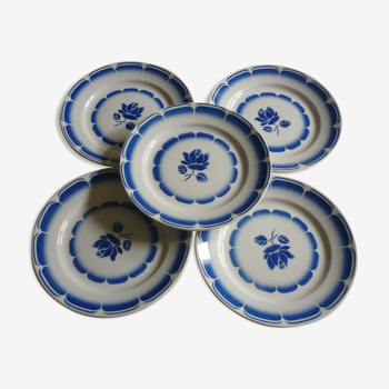 5 assiettes faience vintage fleurs bleues