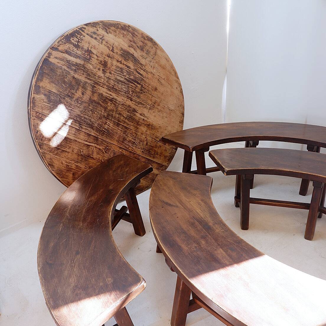 Round Table with 4 Curved Benches, France 1960s