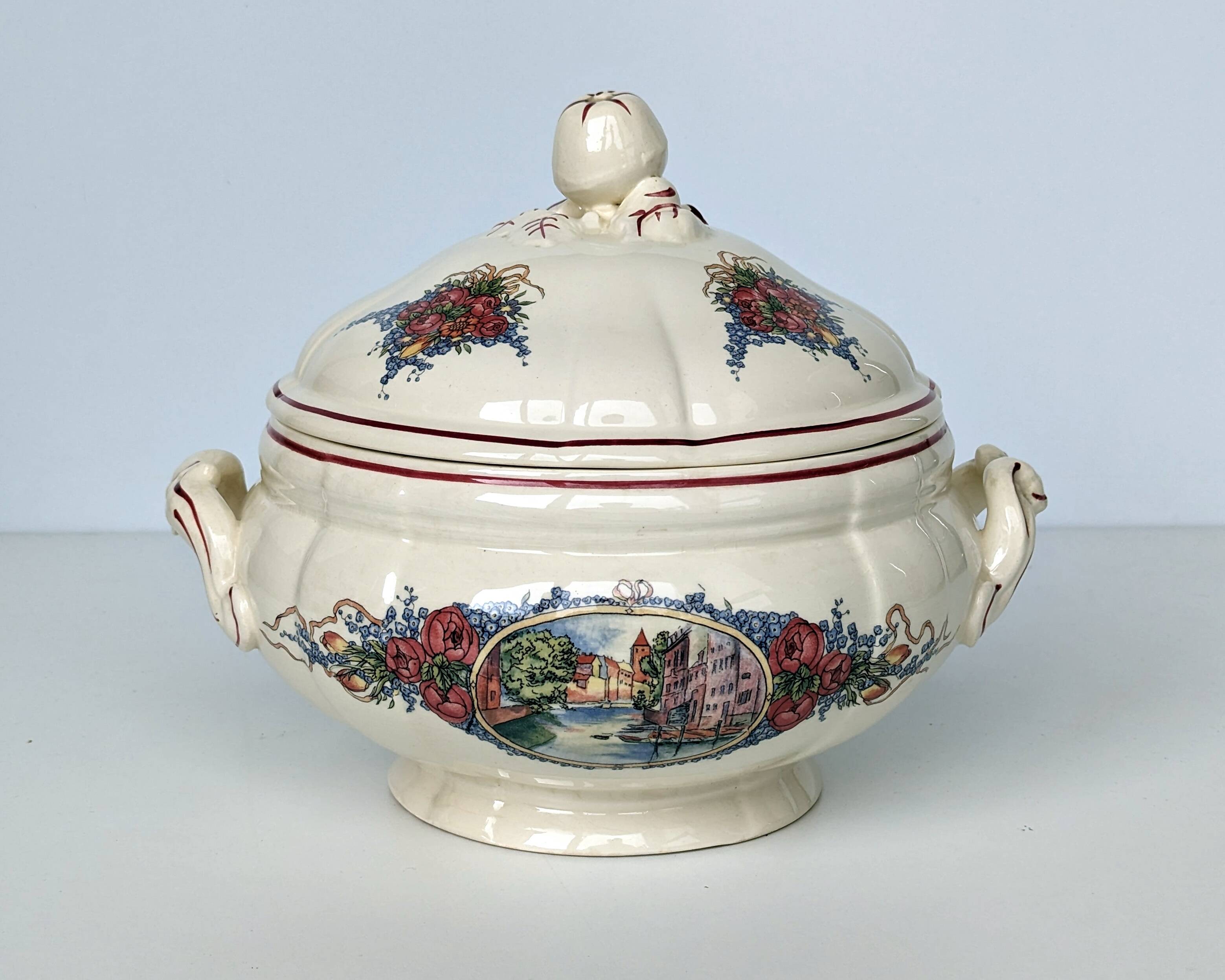 Earthenware tureen from sarreguemines obernai model illustrated by henri loux