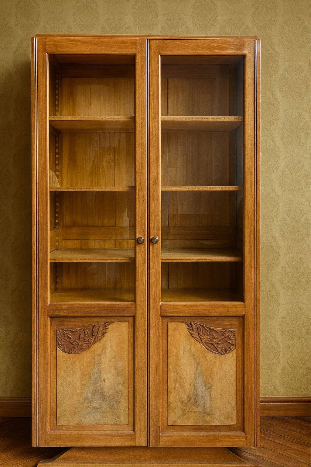 Small cabinet – Art Deco style bookcase in light wood with beveled glass.