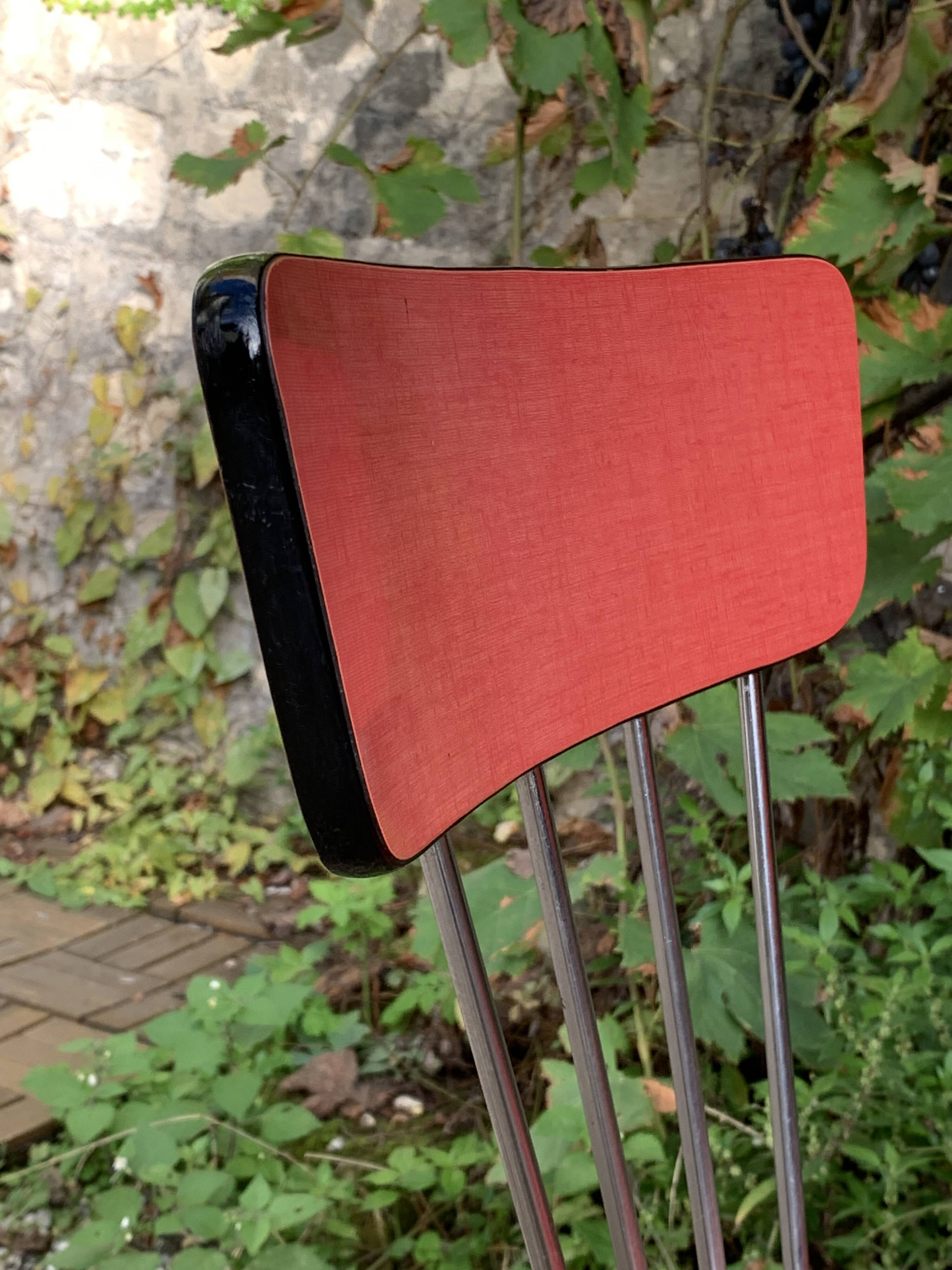 4 red Formica chairs with Eiffel legs, 1950s