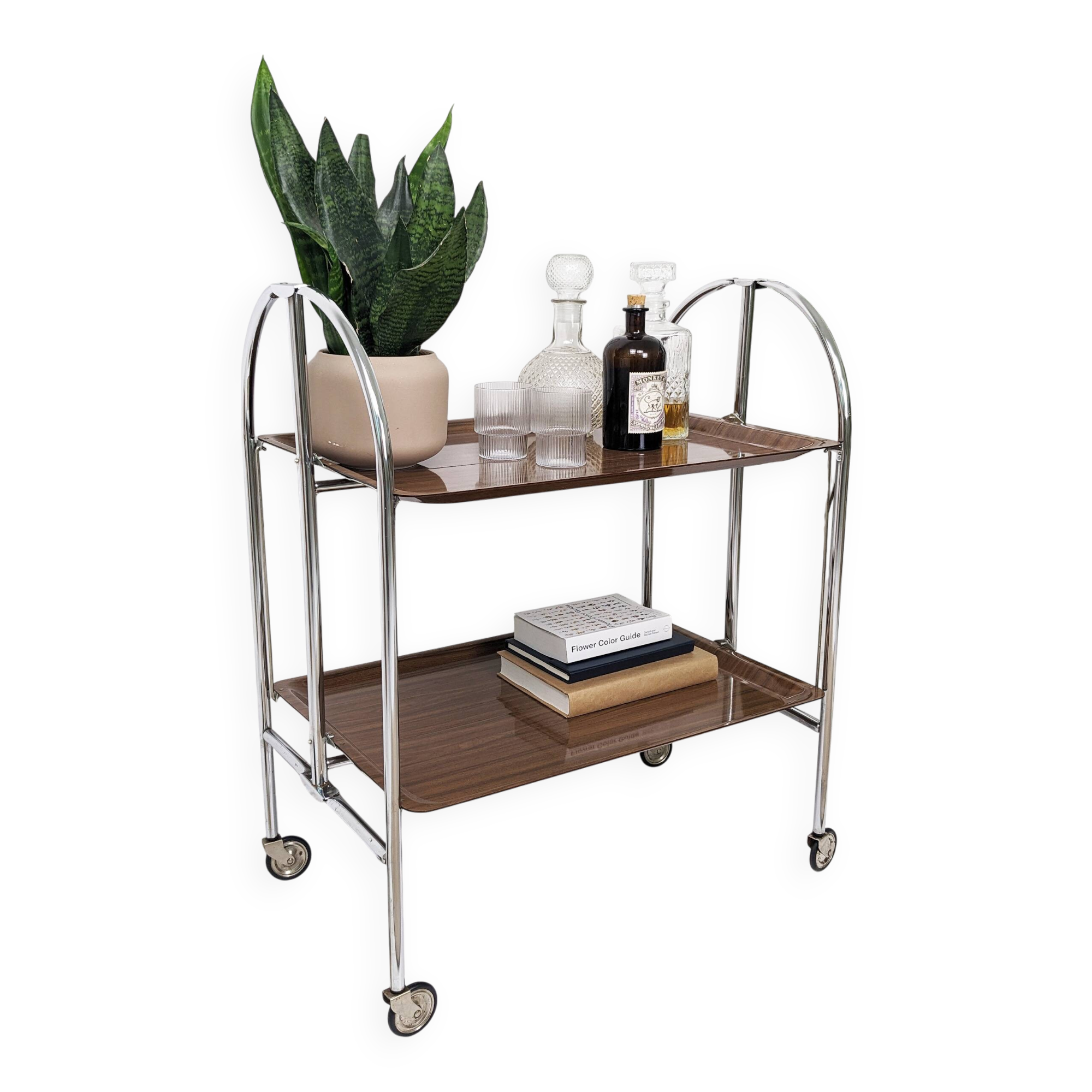 Chariot de service Dinette pliable Gerlinol Chariot à thé Plateaux Gain de place Chrome Mid Century