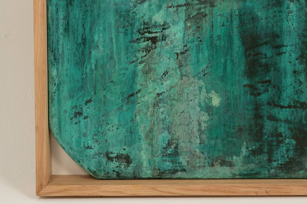 Relief panel "Step out of the frame!" in patinated wood. Contemporary.