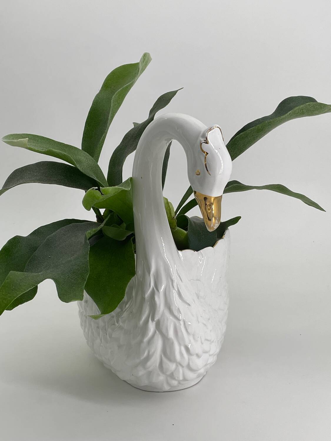 Vintage swan pot holder in white and gold ceramic