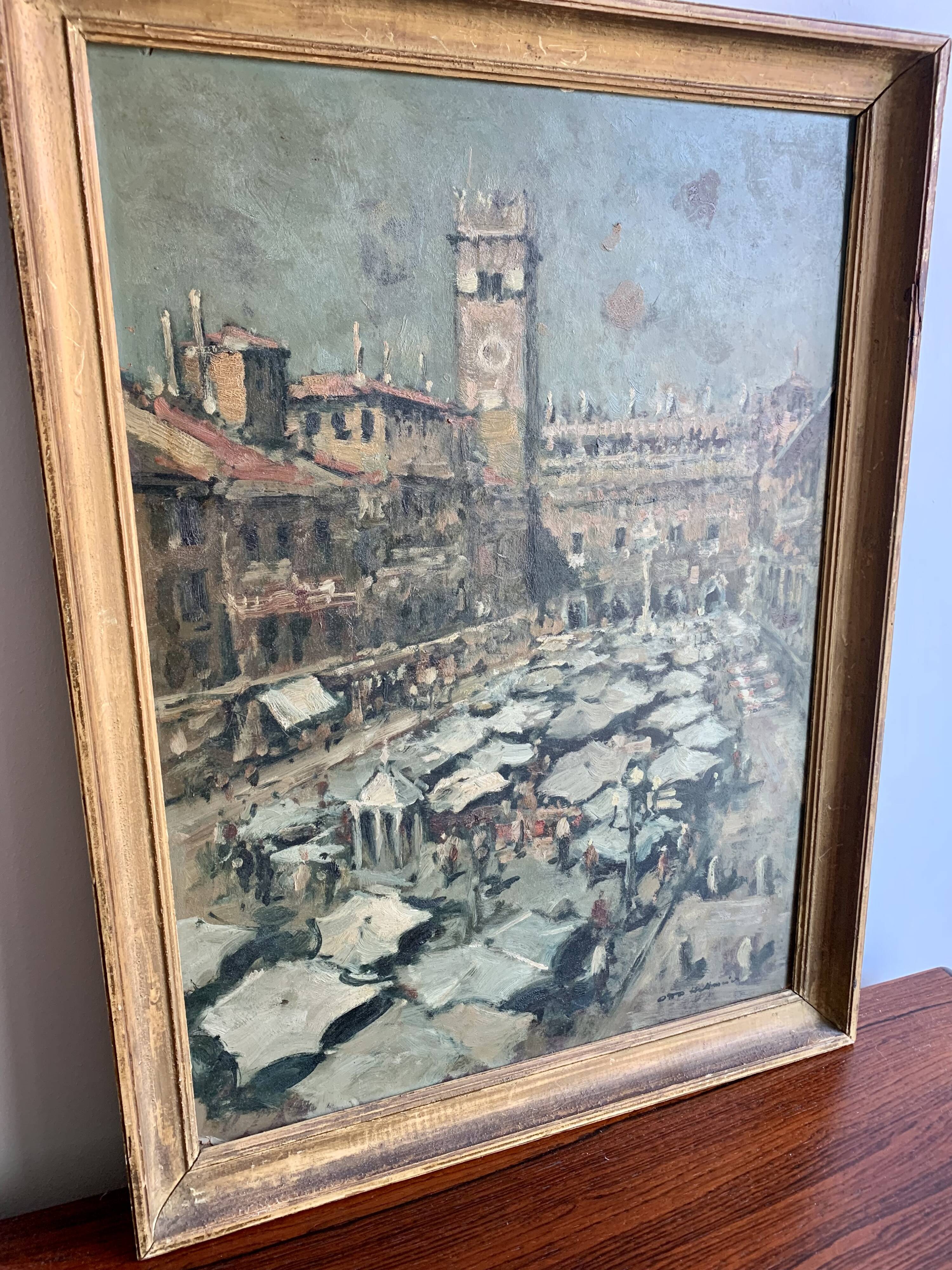 Vintage Oil Painting Italy  Market Scene