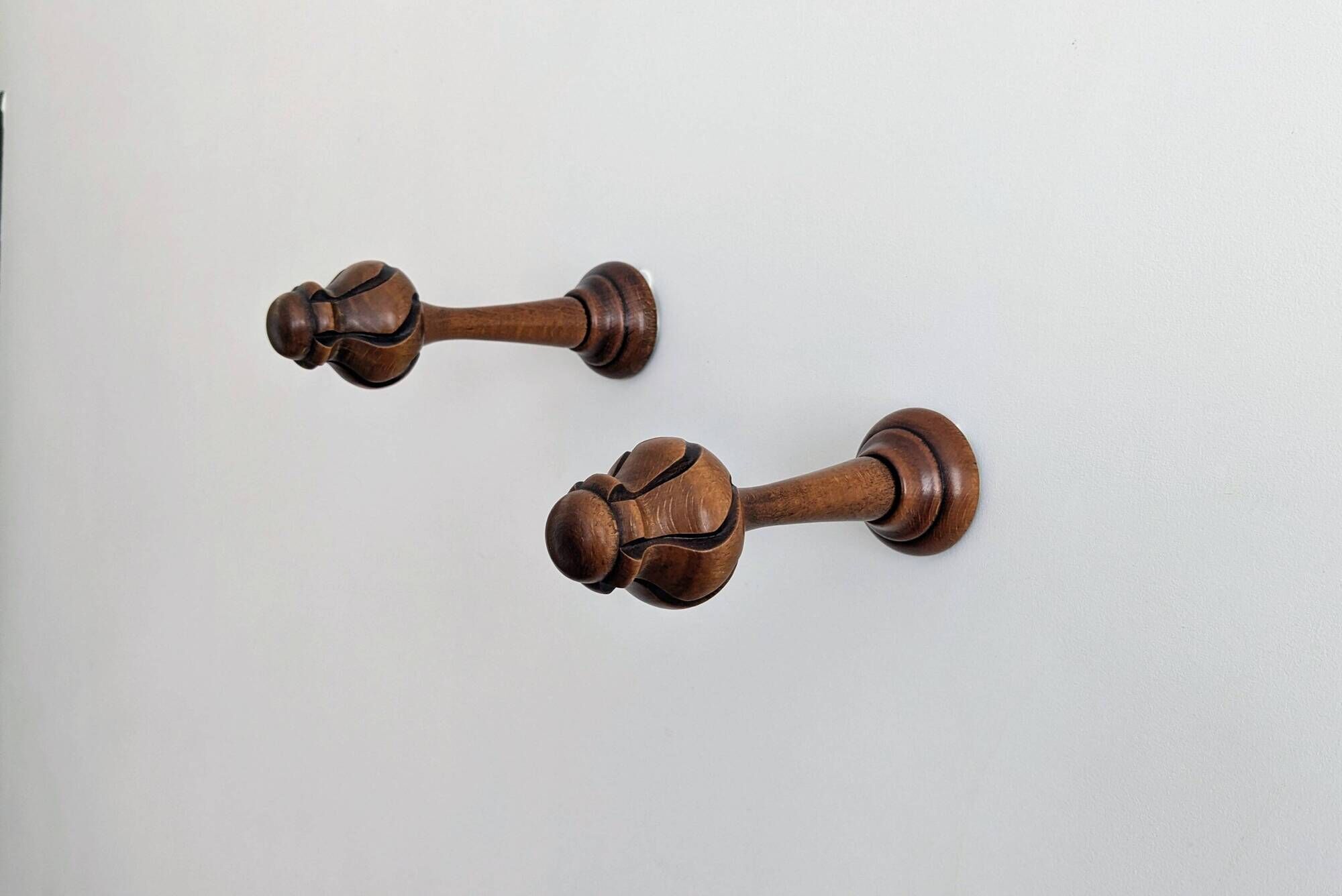 Pair of vintage turned wood coat hooks – sculpted knobs