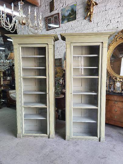 Magnificent pair of green painted fir bookcase display cabinet early 20th century