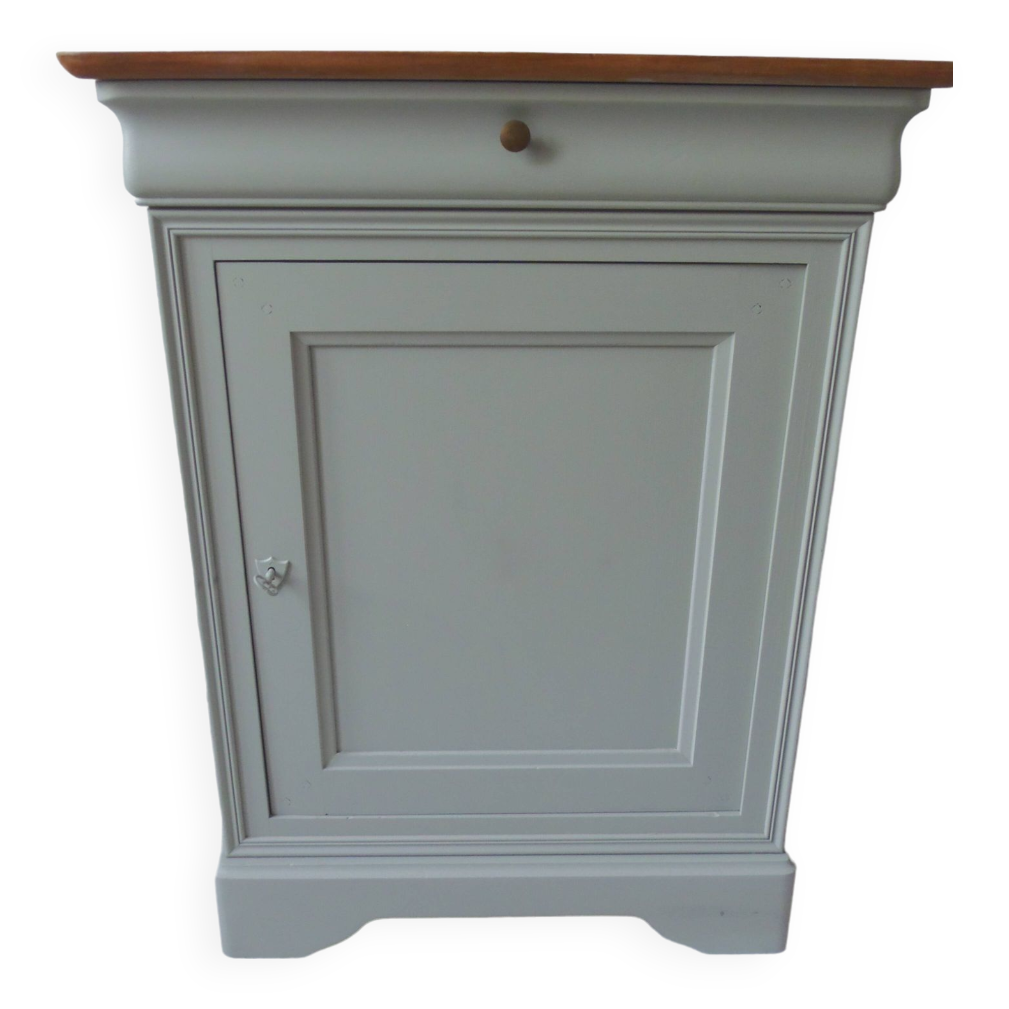 Confiturier de belle facture style Louis Philippe sublimé en vert de gris, plateau bois.