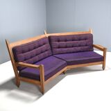 Canapé d'angle Guillerme et Chambron en chêne et tissu, France années 1960