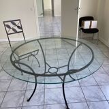 green table on wrought iron legs + 6 matching chairs