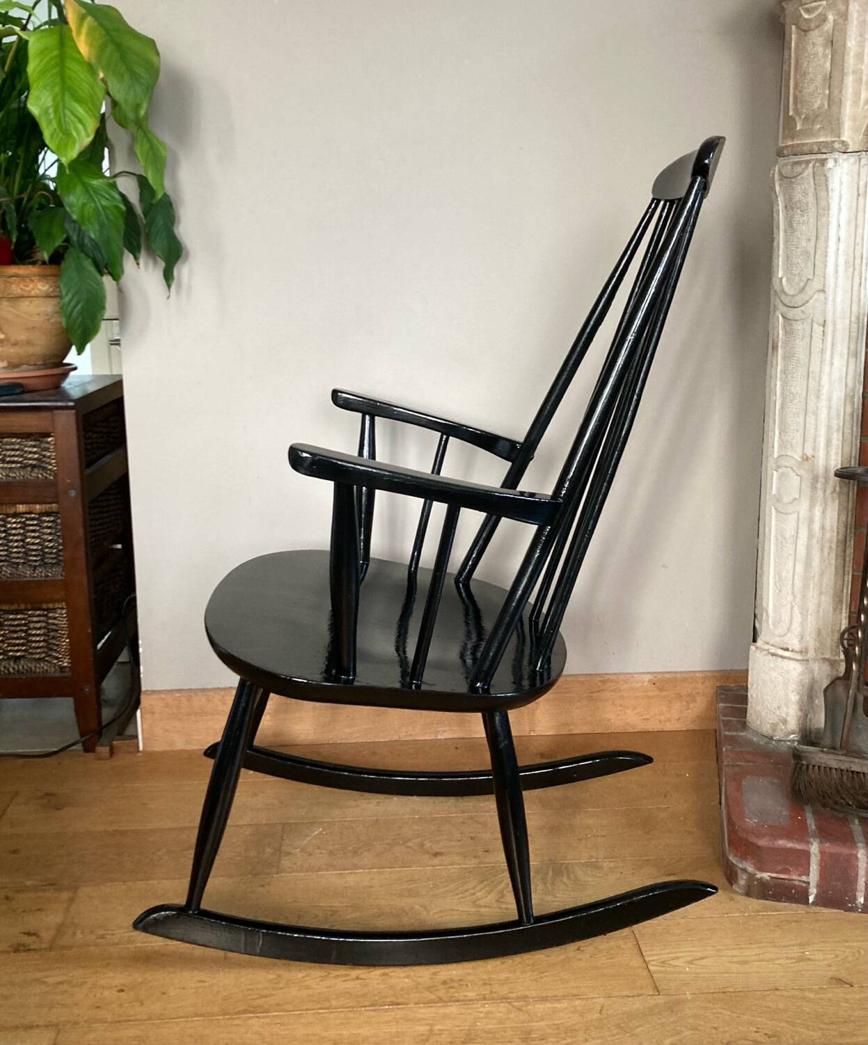 Vintage Scandinavian rocking chair in blackened wood from the 1970s