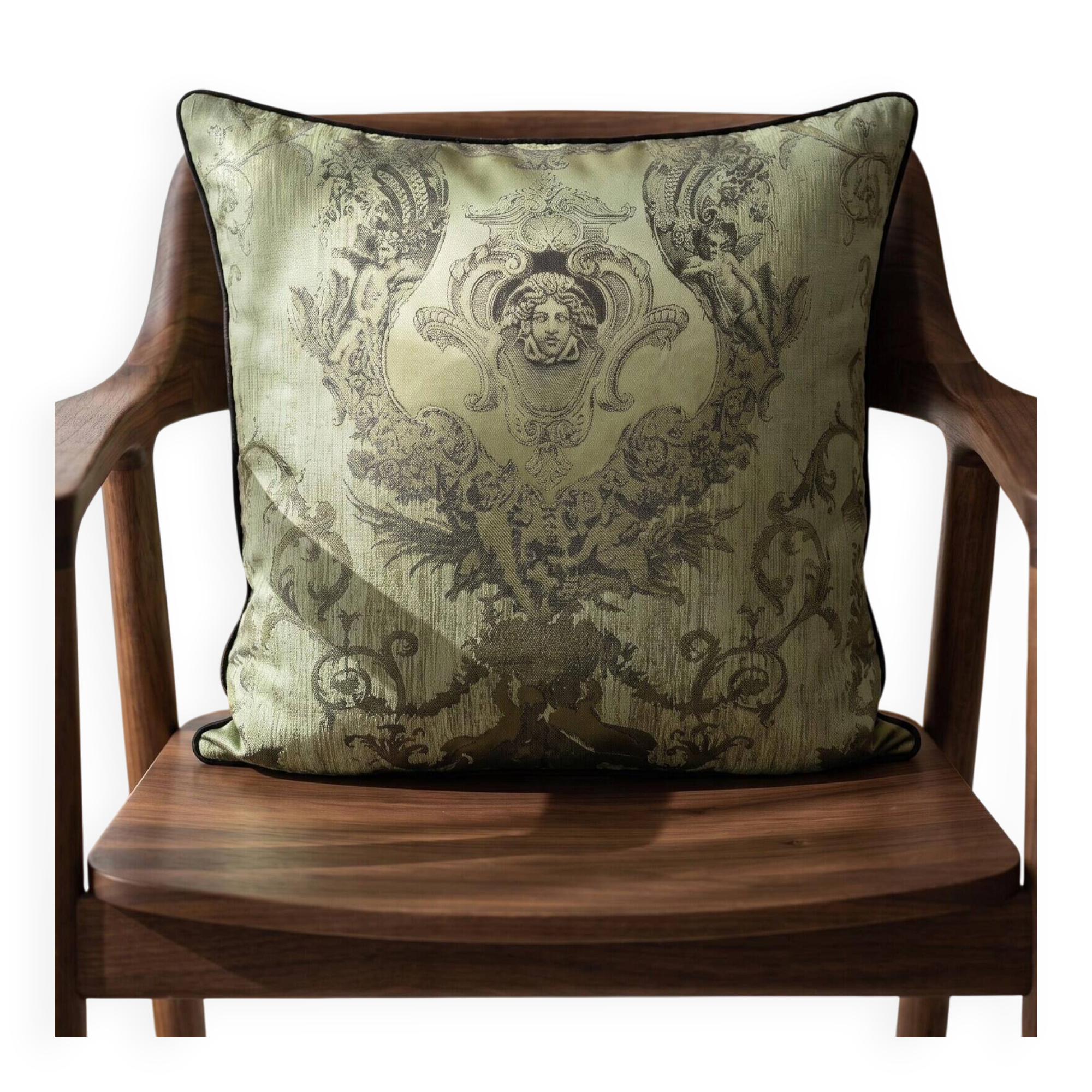 Neoclassical Medusa Medallion Cushion, Black Piped Jacquard Pillow Cover