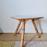Tripod coffee table – Rattan & Bamboo – Sky blue top – Vintage 60s